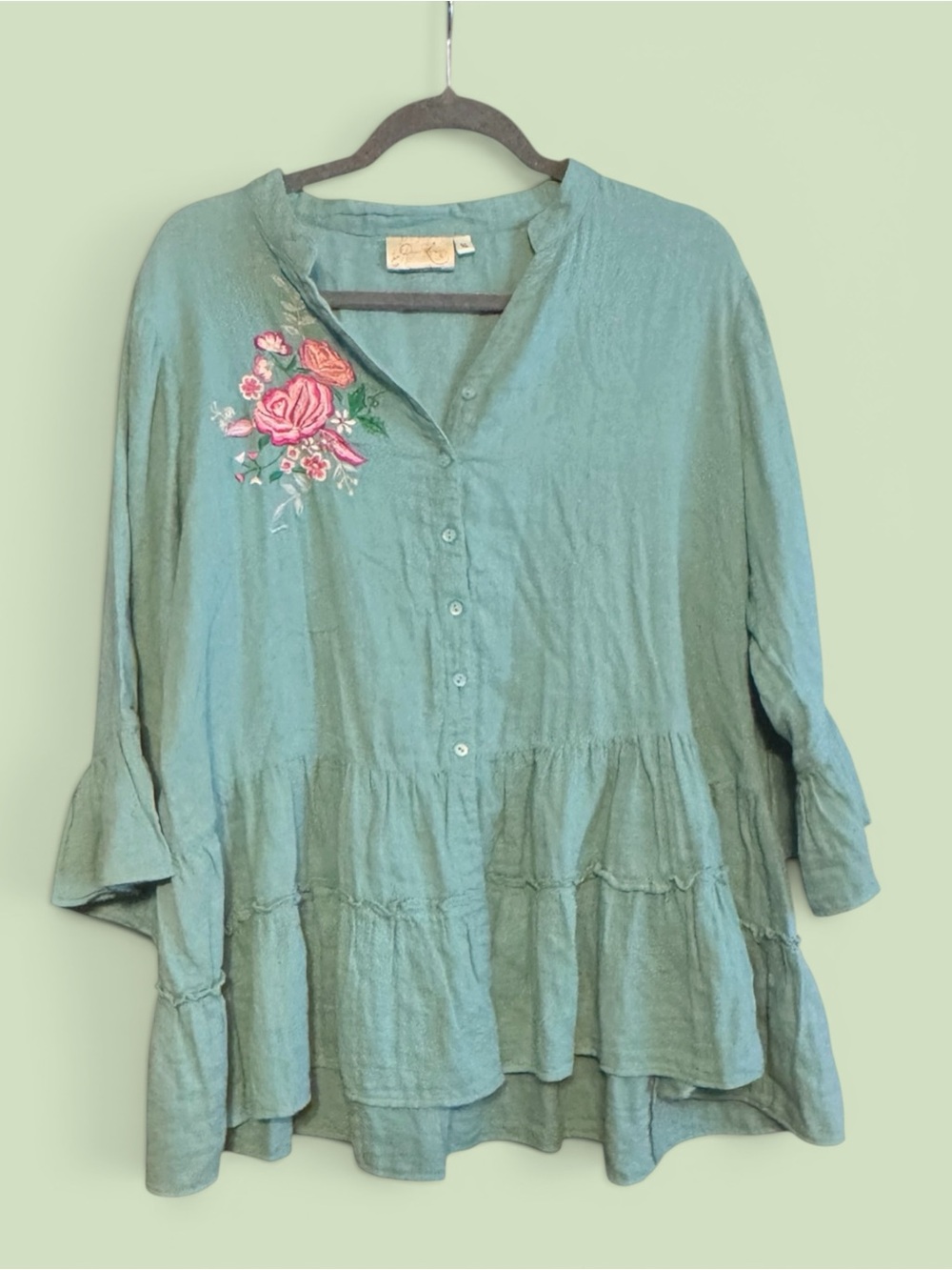 Paper Lace Embroidered Sage Green Women's Peplum Button-Front Top XL